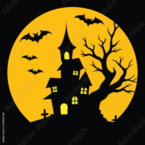 Spooky Halloween vector with haunted house, full moon, and bats in bold, chilling silhouettes.