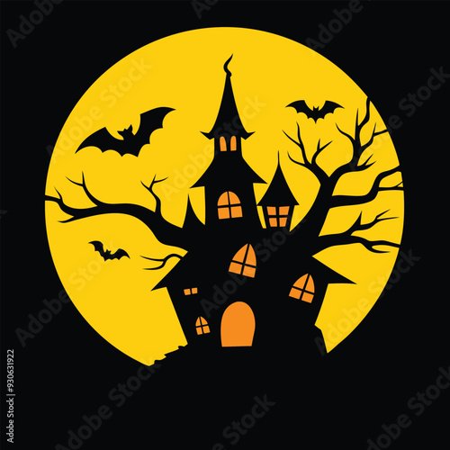 Spooky Halloween vector with haunted house, full moon, and bats in bold, chilling silhouettes.