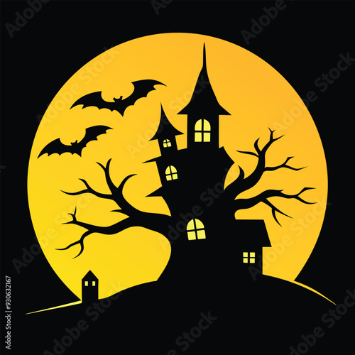 Spooky Halloween vector with haunted house, full moon, and bats in bold, chilling silhouettes.