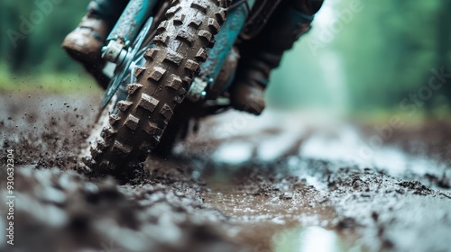 A close-up image of a motorcycle's mud-splattered tires riding through a wet and muddy path, reflecting outdoor adventure and off-road excitement. photo