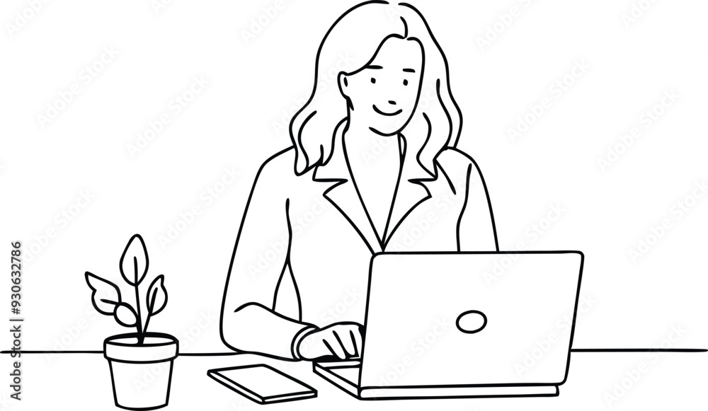 A woman working in office illustration black and white A woman working in office illustration black and white