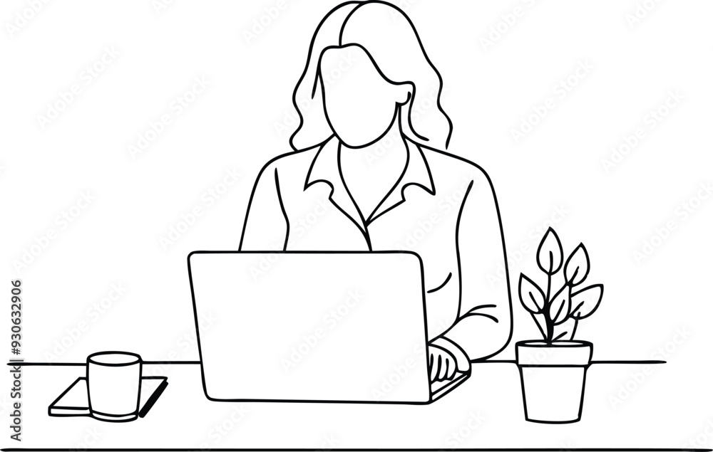 A woman working in office illustration black and white A woman working in office illustration black and white