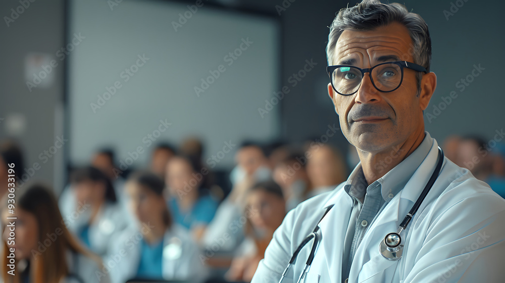 Doctor with glasses stands in front of a classroom. Generative by AI Doctor with glasses stands in front of a classroom. Generative by AI