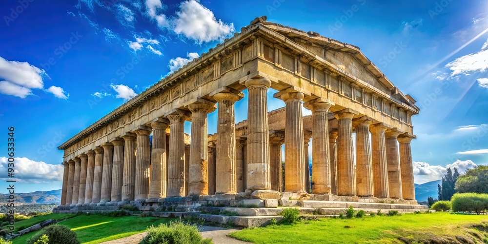 Ancient ruins of a Greek temple stand proudly against a bright blue sky, surrounded by lush greenery and a few scattered tourists. Ancient ruins of a Greek temple stand proudly against a bright blue sky, surrounded by lush greenery and a few scattered tourists.
