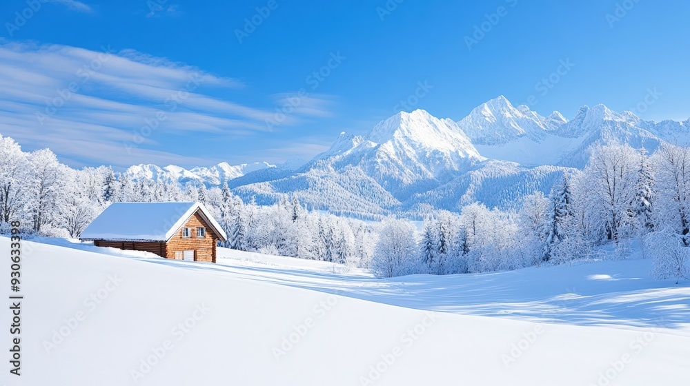 Fototapeta premium A tranquil winter landscape featuring a cozy cabin surrounded by snow-covered mountains and clear blue skies.