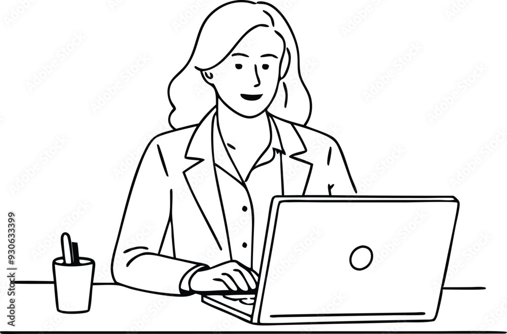 A woman working in office illustration black and white A woman working in office illustration black and white