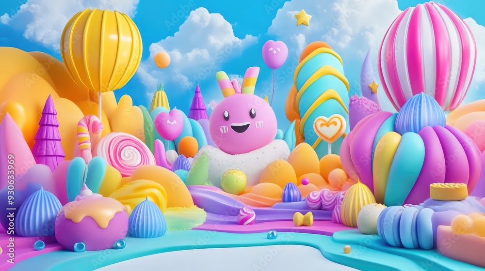 Whimsical 3D render of a magical candy land