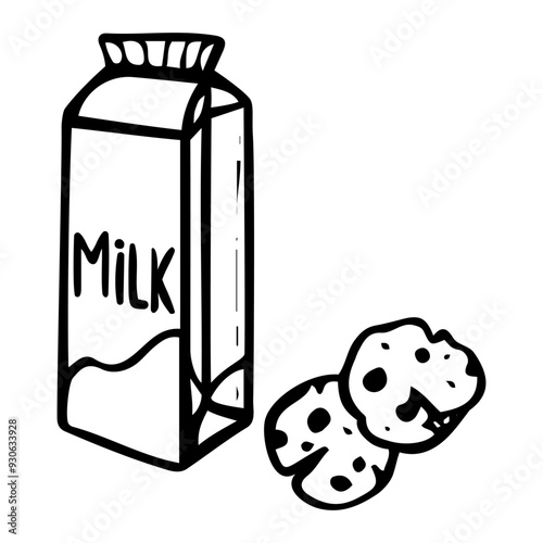 A carton of milk with oatmeal cookies hand drawn doodle. Warm drink before bed. Time to sleep. Biscuit with chocolate chips. Vector outline line art illustration.