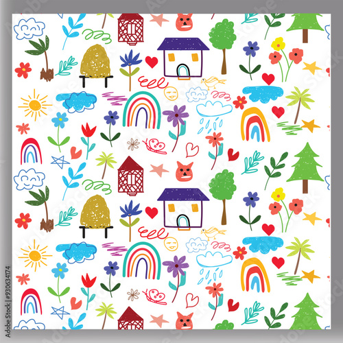 Cute kid scribble line flower, heart. rainbow background. Hand drawn doodle sketch childish element pattern
