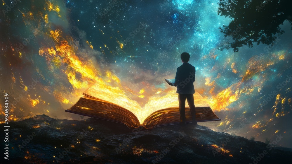 Obraz premium Man Standing on Open Book with Starry Sky Above.