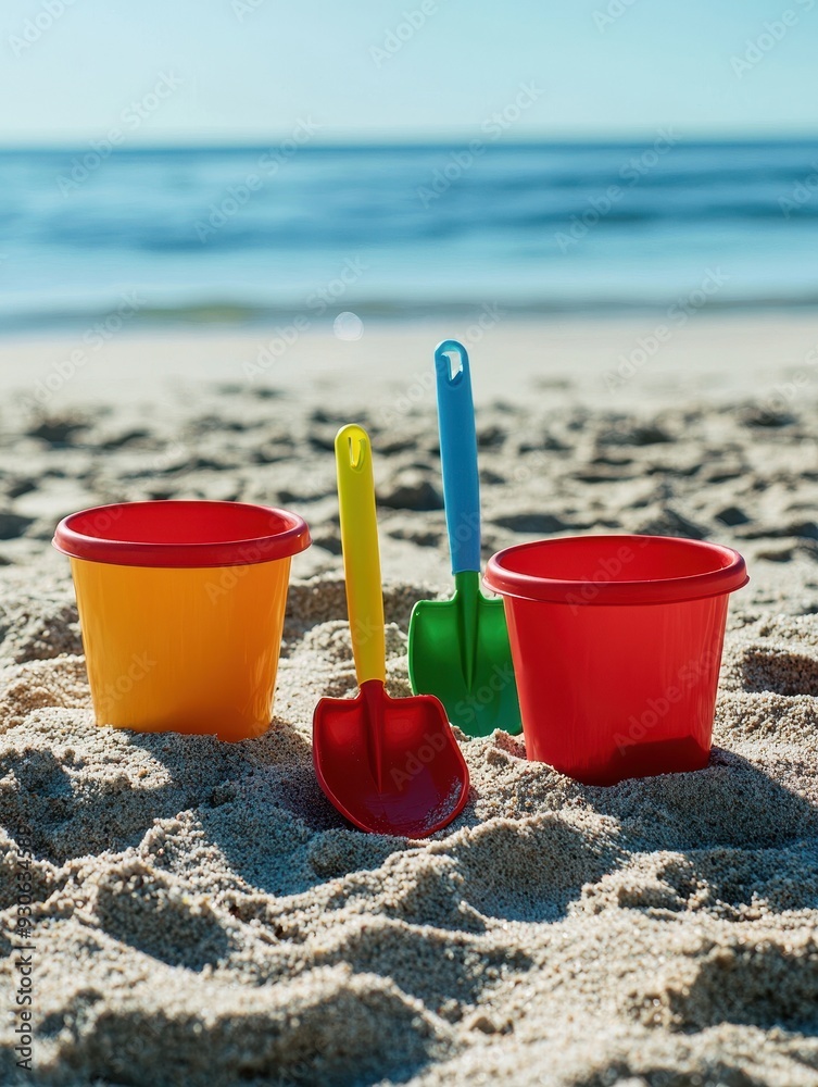 Fun in the Sun: Colorful Beach Toys on Sandy Shore for Advertisement Fun in the Sun: Colorful Beach Toys on Sandy Shore for Advertisement