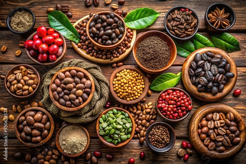 Assorted coffee beans from around the world, including Arabica, Robusta, and Liberica, displayed on a rustic wooden table, showcasing diverse shapes and colors.