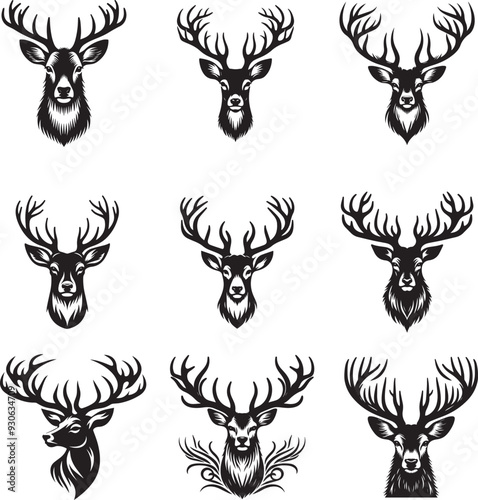 A black and white deer head silhouette design collection