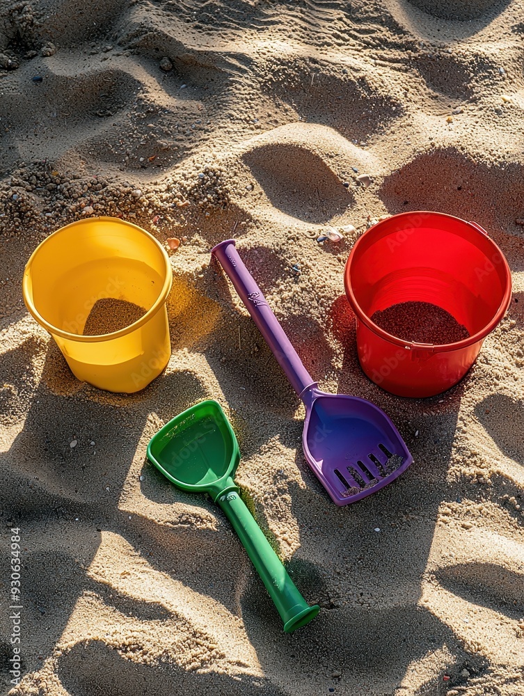 Brightly Colored Beach Toys - Four Vibrant Shovels and Two Red Buckets on Sandy Shoreline for Summer Fun Brightly Colored Beach Toys - Four Vibrant Shovels and Two Red Buckets on Sandy Shoreline for Summer Fun