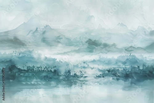 Tranquil Watercolor Landscape in Soft Blues and Greens for Relaxation.