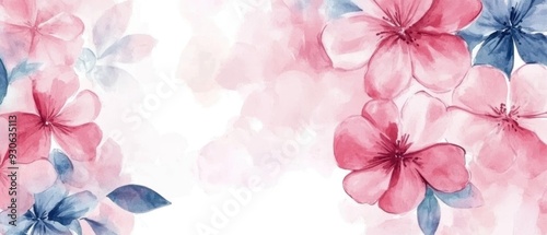 Watercolor Painting of Pink and Blue Flowers with White Background
