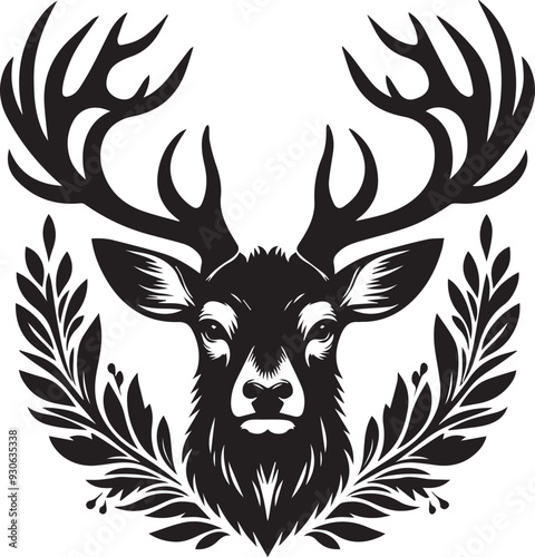 A black and white deer head silhouette design