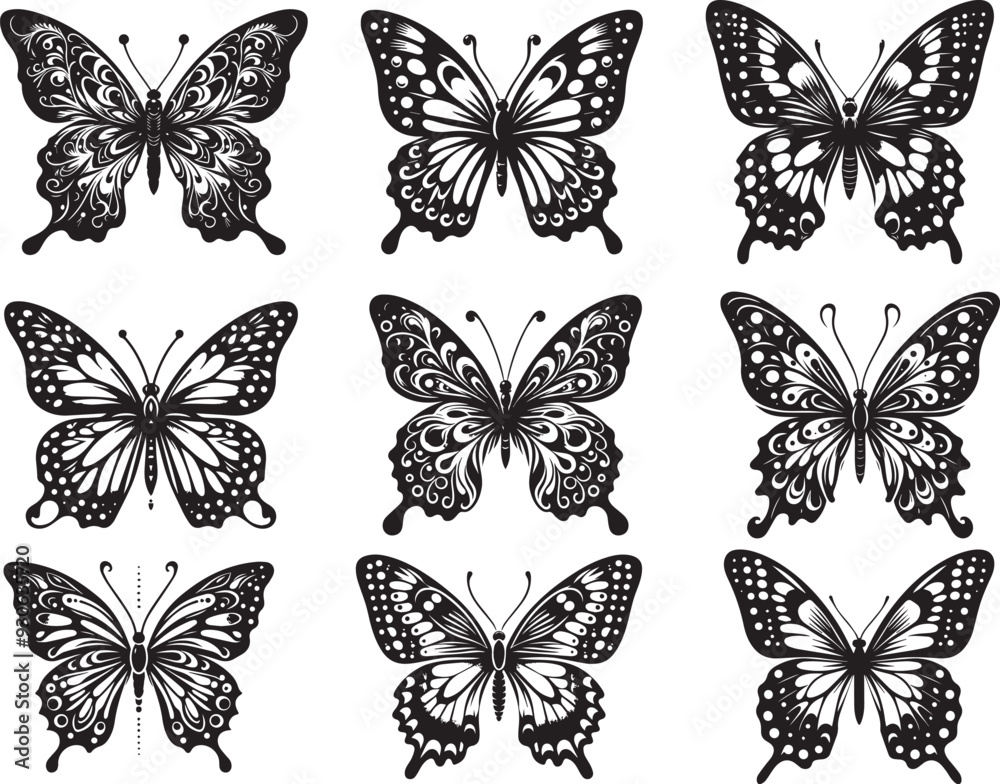 A black and white butterfly silhouette design collection A black and white butterfly silhouette design collection