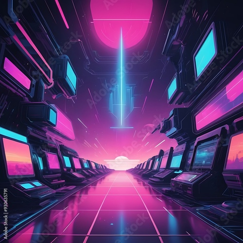 Futuristic synth wave style background with neon grids, futuristic Cityscape with Neon lights, cityscape landscape with sci-fi elements and futuristic wave background