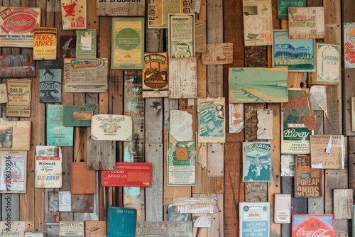 Rustic Wooden Backdrop with Vintage Posters for Cozy Decor. photo