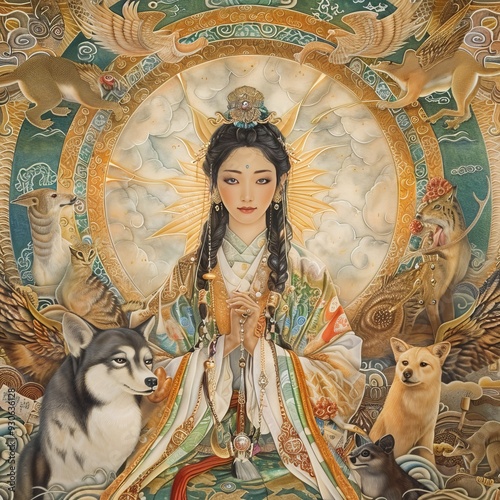 Majestic Amaterasu Portrait Surrounded by Divine Light and Animals.