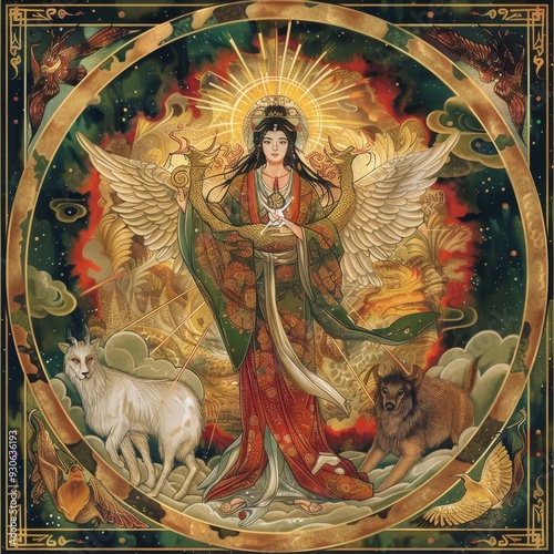 Divine Portrait of Amaterasu Surrounded by Sacred Animals and Light photo