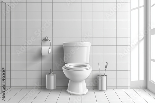 Modern toilet room interior 3d realistic vector mockup with tiled walls and floor, classic white ceramic toilet bowl with water tank and opened seat lid, paper and brush in metal holders illustration