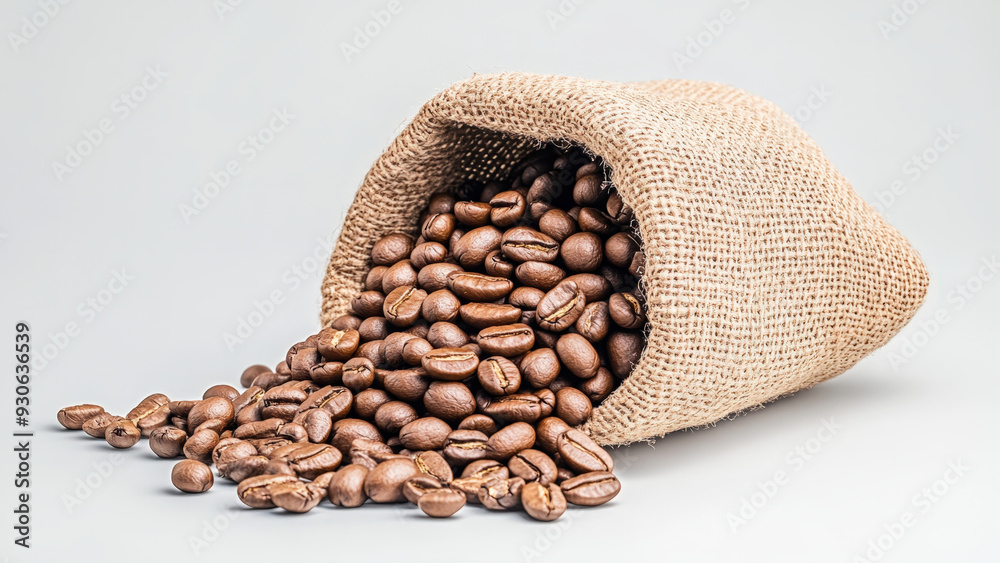 Close-up of burlap bag tipping over with roasted coffee beans spilling out on neutral backdrop