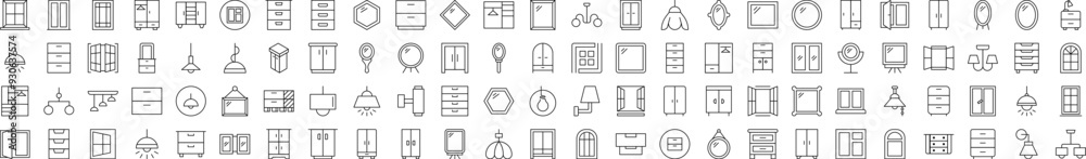 Window, Lamp, Mirror, Dresser, Chandelier Icon Set for UI, Placards, Books, Apps. Editable Stroke. Suitable for Web Sites, Books, Cards, Apps Window, Lamp, Mirror, Dresser, Chandelier Icon Set for UI, Placards, Books, Apps. Editable Stroke. Suitable for Web Sites, Books, Cards, Apps