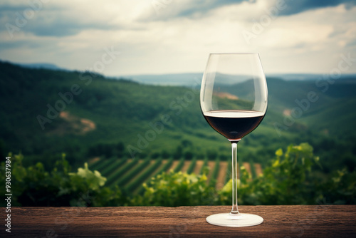 Glass of wine against a scenic vineyard, illustrating the quality and taste of premium wine.