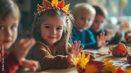 Kids’ Thanksgiving Craft-Children creating Thanksgiving-themed crafts like handprint turkeys and paper pilgrim hats
