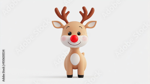 Adorable reindeer with a red nose clipart, Christmas animal element, 3D illustration, bright colors, isolated on white background