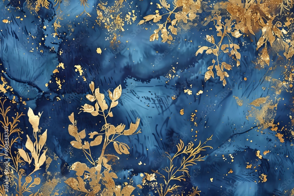 Elegant Sapphire and Gold Brocade Backdrop with Gold Leaf Accents. Elegant Sapphire and Gold Brocade Backdrop with Gold Leaf Accents.