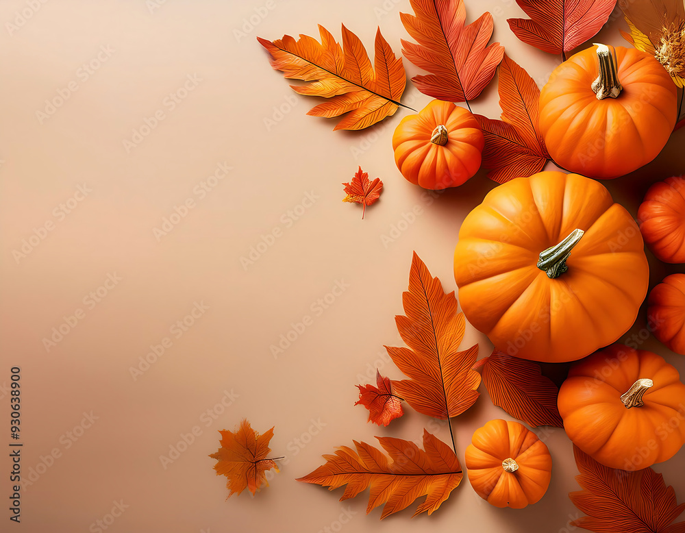 Fototapeta premium orange pumpkins autumn leaves beige background