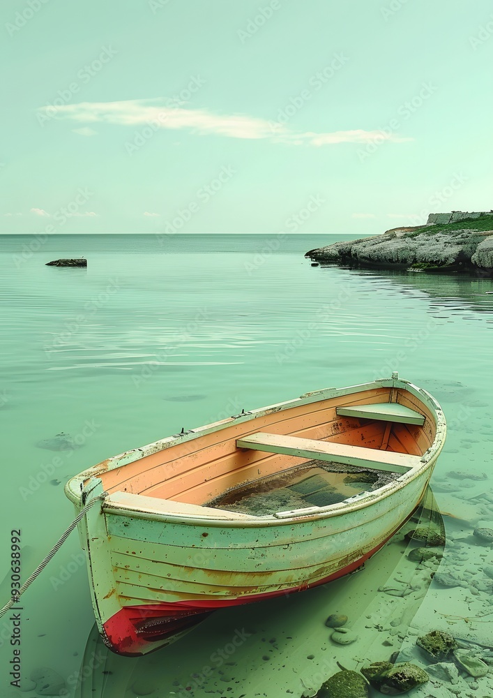 A small boat is sitting in the water near the shore. The water is calm and the sky is clear. The boat is old and rusted, but it still looks like it's in good condition. The scene is peaceful A small boat is sitting in the water near the shore. The water is calm and the sky is clear. The boat is old and rusted, but it still looks like it's in good condition. The scene is peaceful
