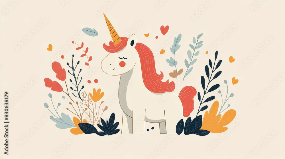 Fototapeta premium unicorn surrounded by a few simple leaf shapes or branches, set against a neutral background 