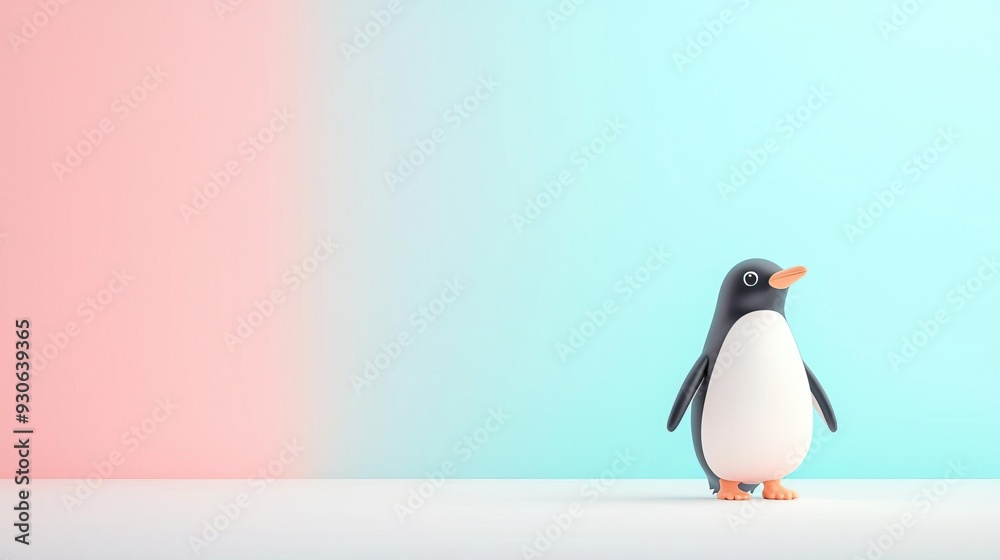 Cute penguin cartoon character standing on a pink and blue background.