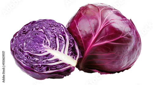 Whole red cabbage with one half sliced to reveal the intricate interior, isolated on a transparent background.