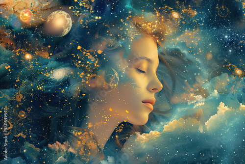 Dreamy celestial scene with a woman's face merging into a cosmic background