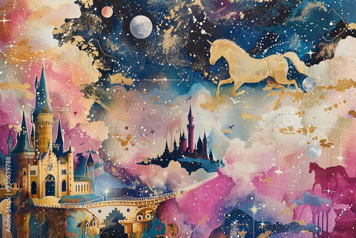 Enchanted castle with golden unicorn in a starry night sky