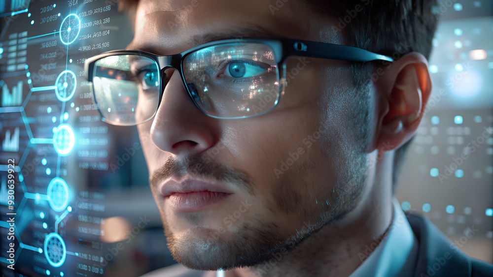 © Танюша Коновал - AI cyber security threat, male IT specialist with glasses analysing futuristic holographic visual data information. Augmented reality artificial intelligence concept banner © Танюша Коновал - AI cyber security threat, male IT specialist with glasses analysing futuristic holographic visual data information. Augmented reality artificial intelligence concept banner