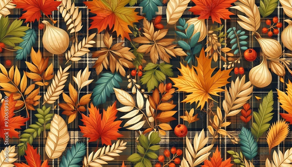 Autumn foliage seamless pattern vector illustration, plaid seamless autumn pattern Autumn foliage seamless pattern vector illustration, plaid seamless autumn pattern