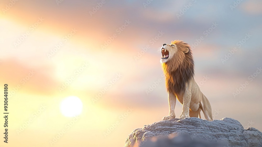 Obraz premium A powerful lion roars from a rocky outcrop at sunset.