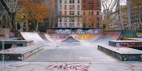 empty skate park with graffiti artwork and street objects used for ramps photo