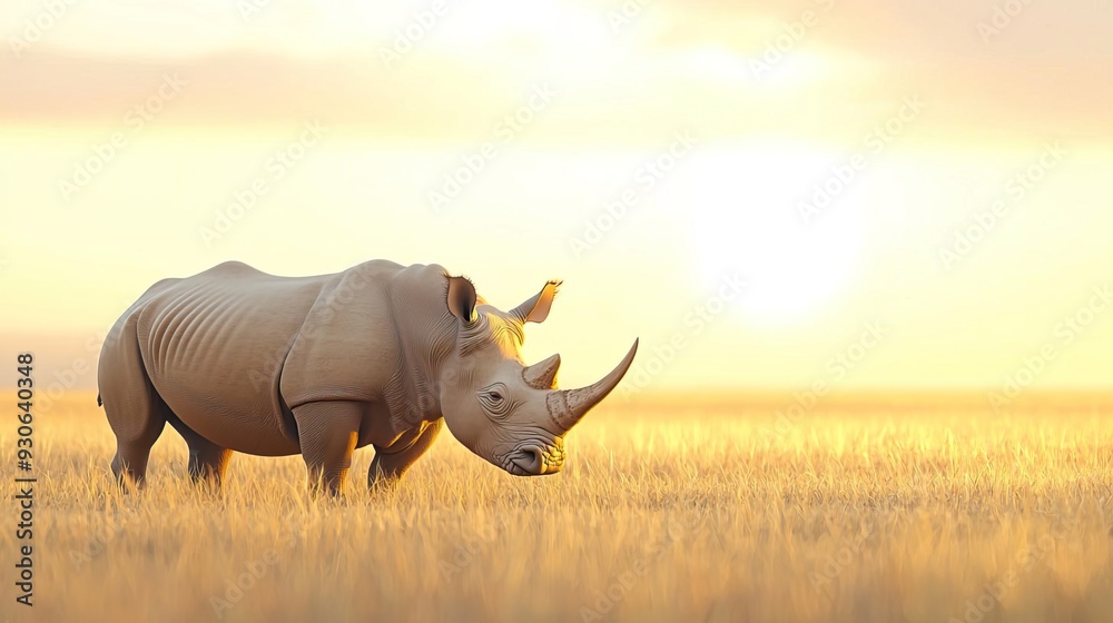 Obraz premium A rhinoceros standing in a field of tall grass at sunset.