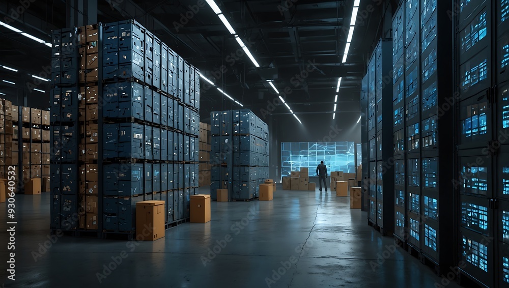 Create a futuristic warehouse scene that combines physical storage with digital elements Create a futuristic warehouse scene that combines physical storage with digital elements