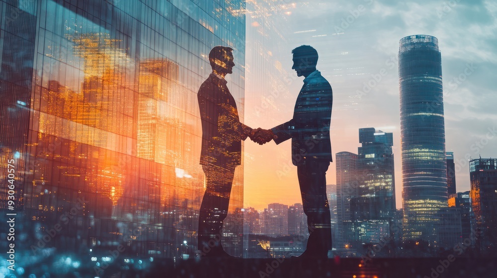 Fototapeta premium Double exposure image of business people handshake on city office building in background showing partnership success of business deal. Concept of corporate teamwork, trust partner and work agreement.