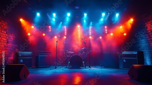 Club stage with musical instruments, microphones, colored lighting, 
