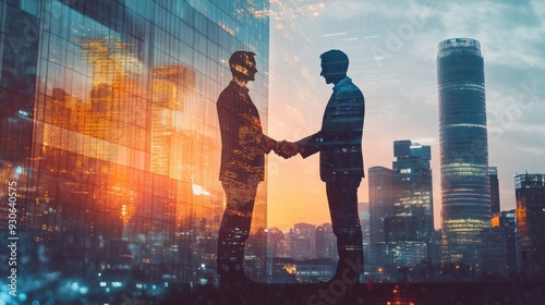 Wallpaper Mural Double exposure image of business people handshake on city office building in background showing partnership success of business deal. Concept of corporate teamwork, trust partner and work agreement. Torontodigital.ca