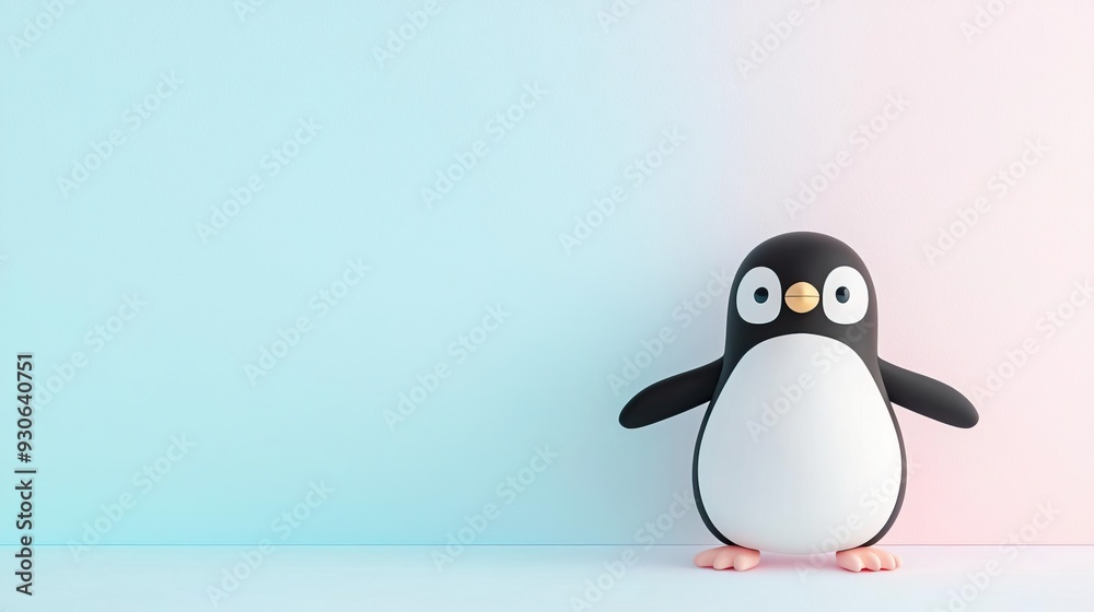 Cute penguin cartoon character standing on a pink and blue background.